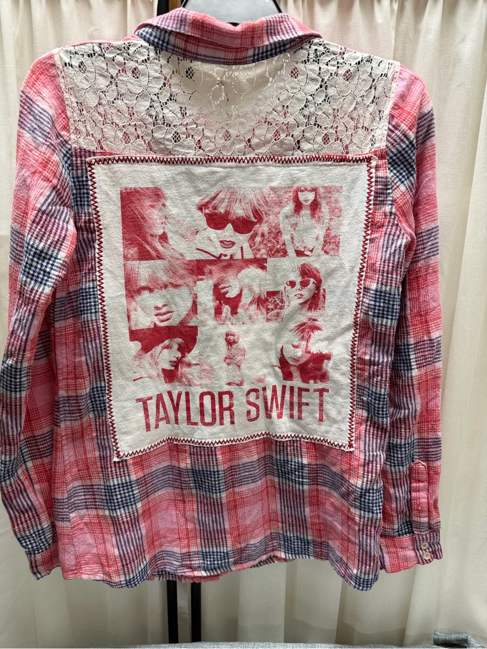 Taylor Swift Upcycled Pink Plaid Flannel Shirt with Lace Back